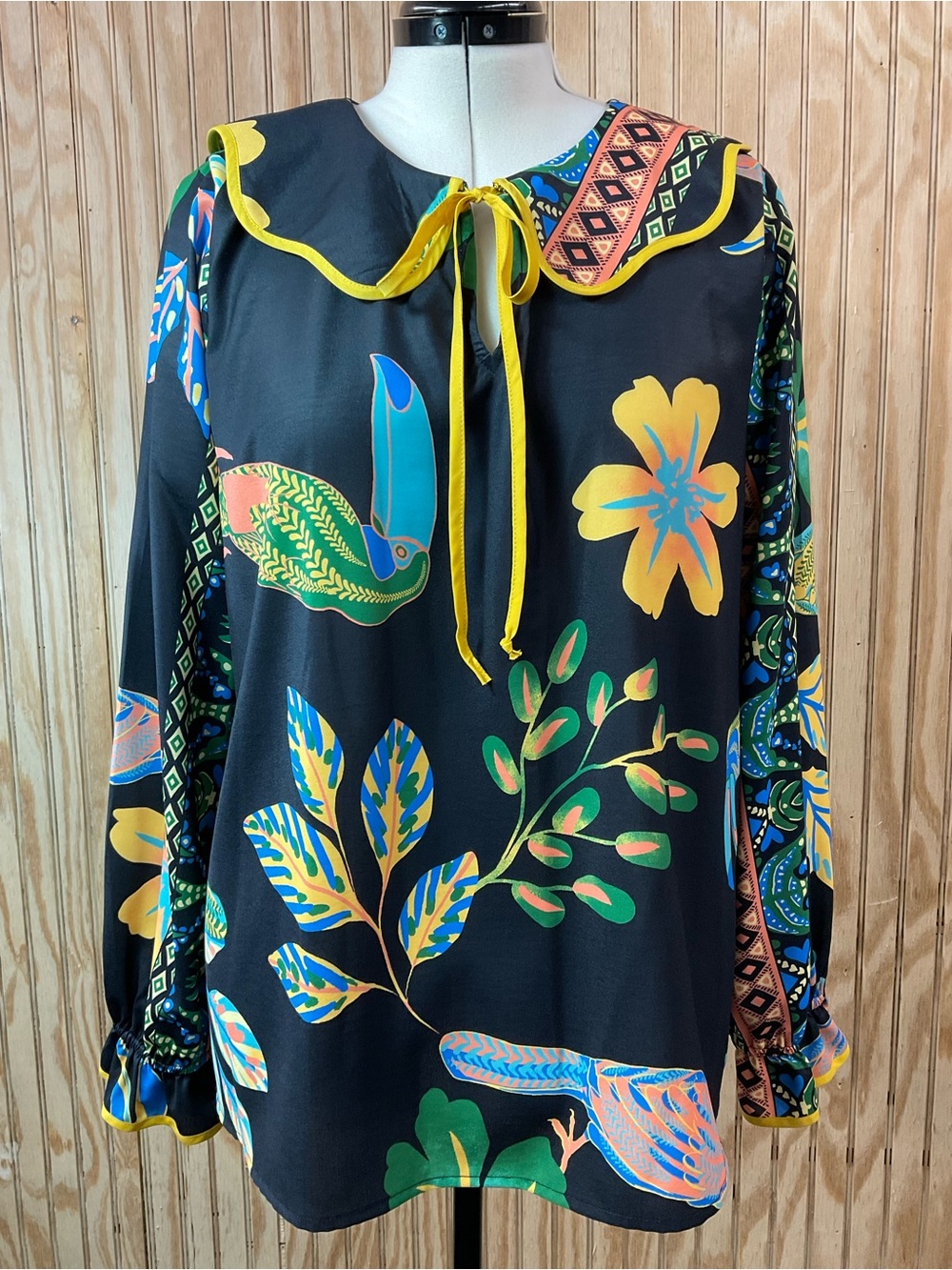 Tie-Neck Blouse with Yellow Trim